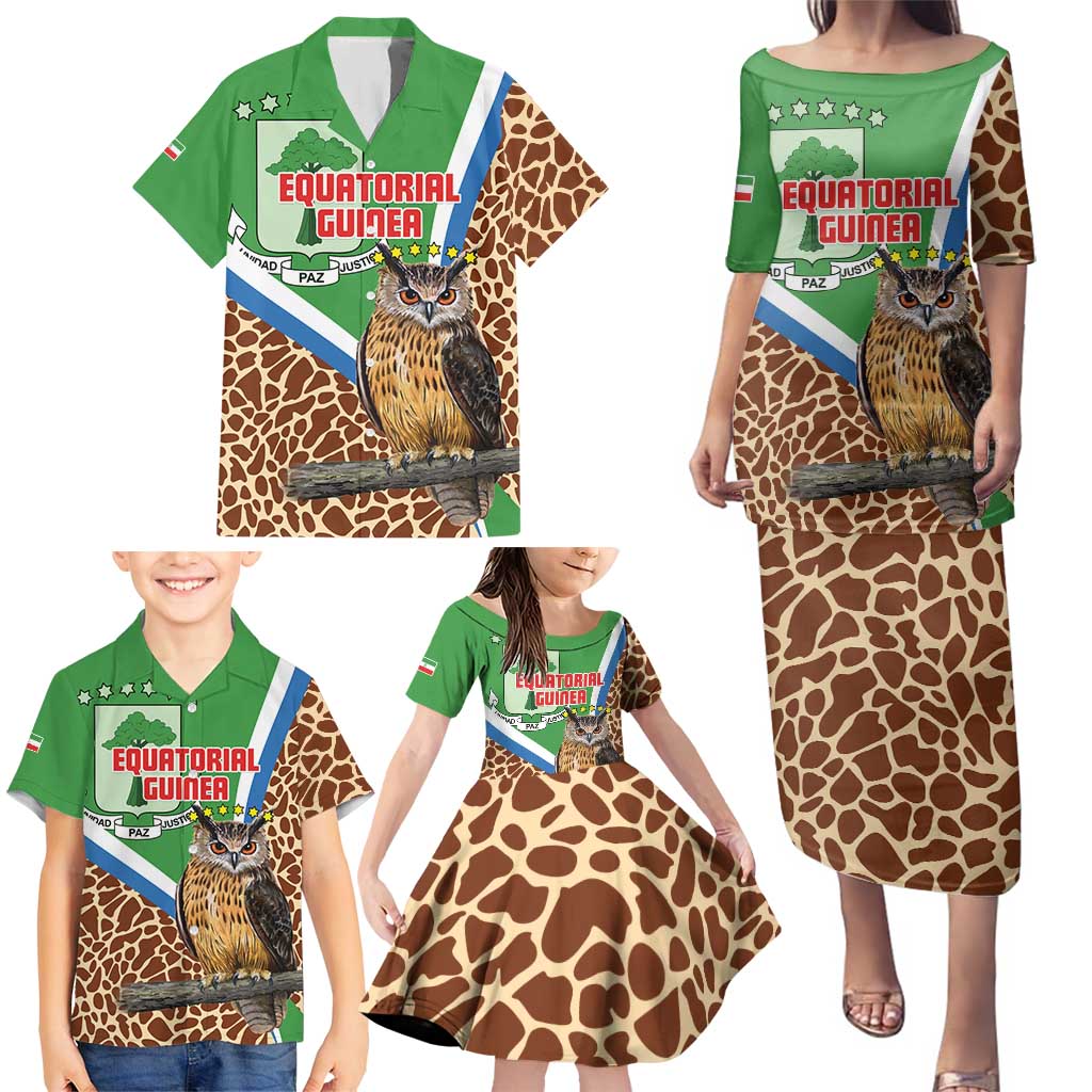 Personalised Equatorial Guinea Family Matching Puletasi and Hawaiian Shirt Bubo Poensis Mix Giraffe Pattern