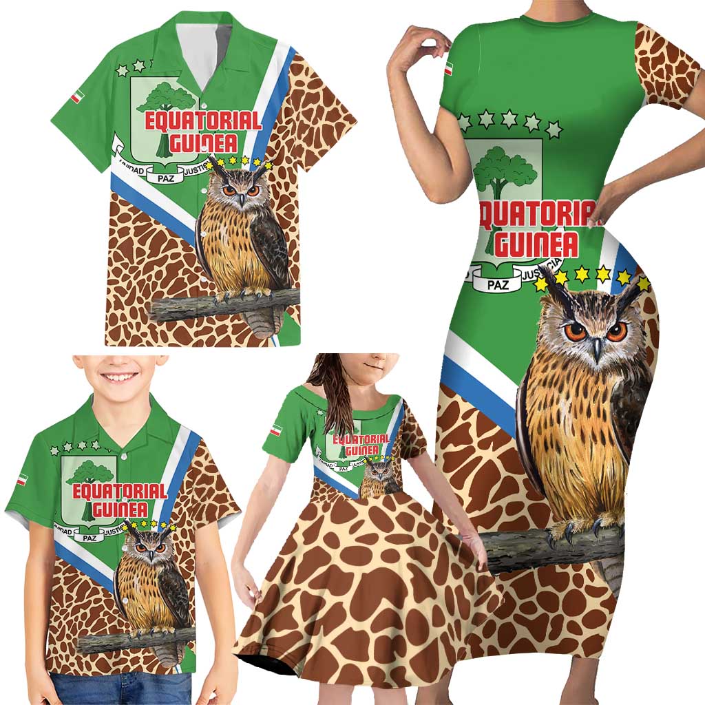 Personalised Equatorial Guinea Family Matching Short Sleeve Bodycon Dress and Hawaiian Shirt Bubo Poensis Mix Giraffe Pattern