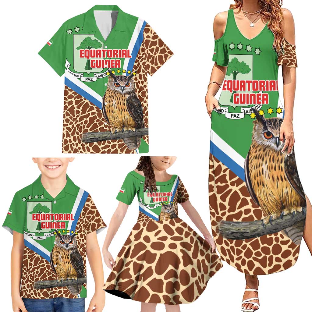 Personalised Equatorial Guinea Family Matching Summer Maxi Dress and Hawaiian Shirt Bubo Poensis Mix Giraffe Pattern