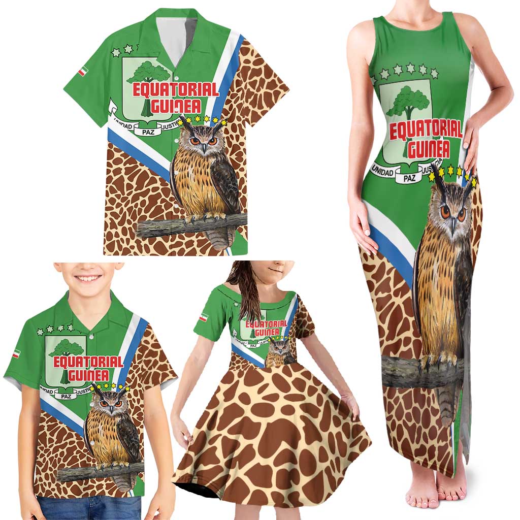 Personalised Equatorial Guinea Family Matching Tank Maxi Dress and Hawaiian Shirt Bubo Poensis Mix Giraffe Pattern