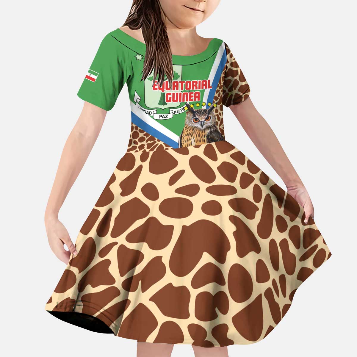 Personalised Equatorial Guinea Kid Short Sleeve Dress Bubo Poensis Mix Giraffe Pattern