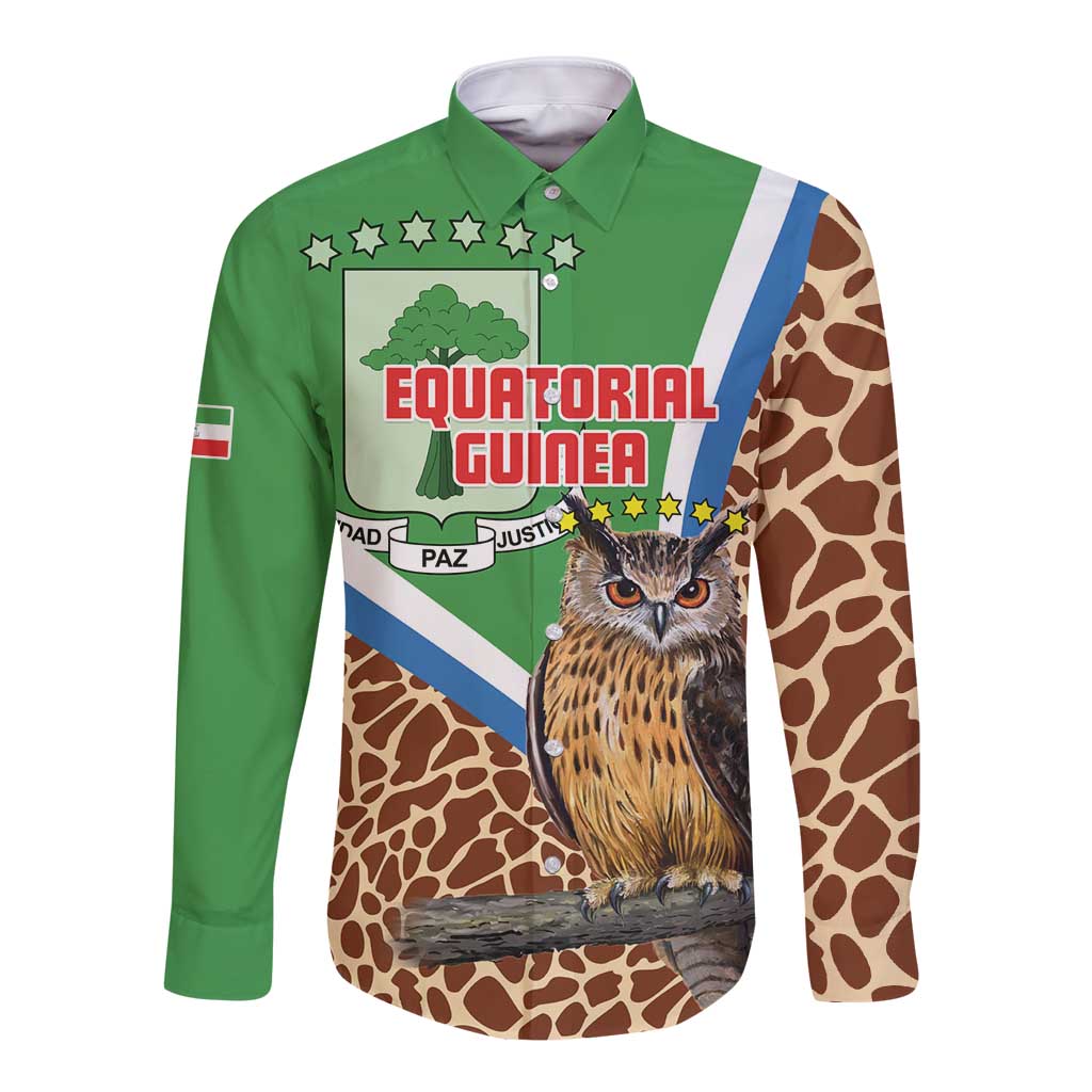 Personalised Equatorial Guinea Long Sleeve Button Shirt Bubo Poensis Mix Giraffe Pattern