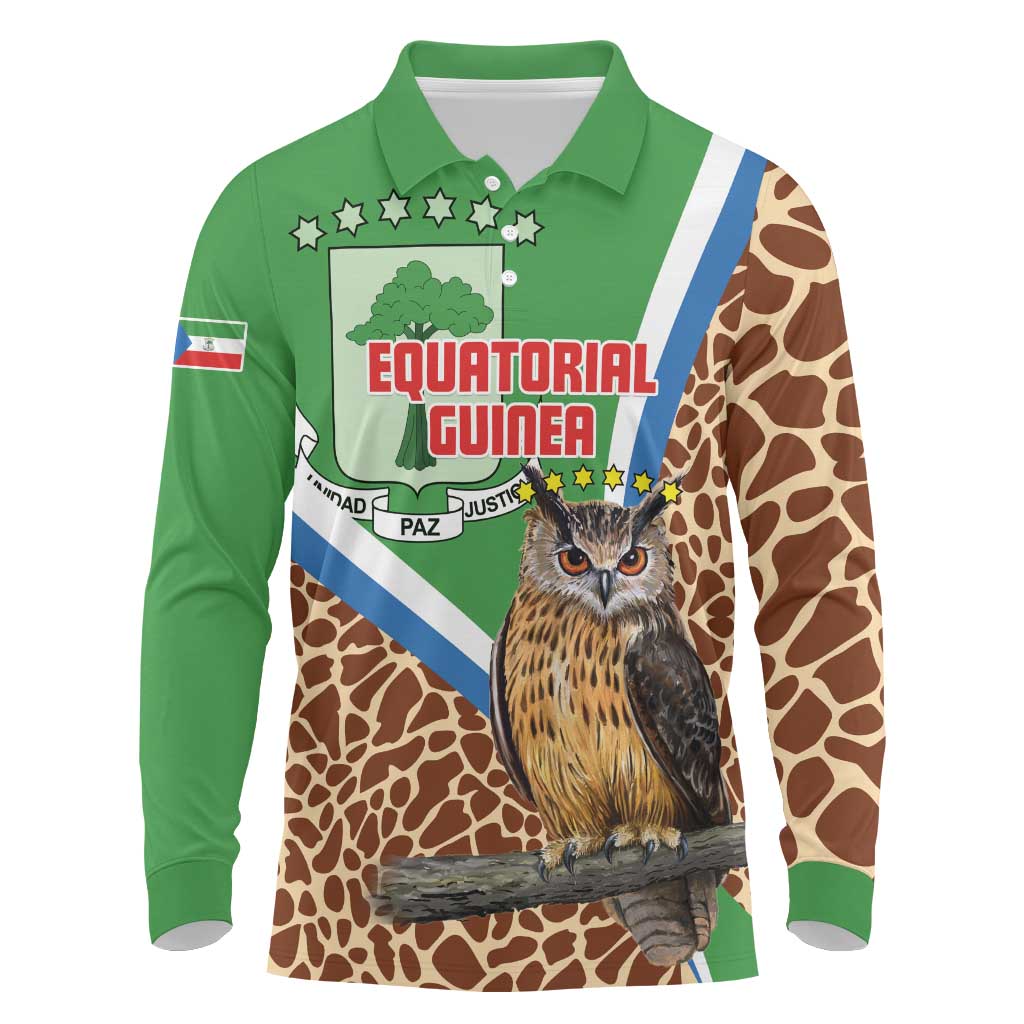 Personalised Equatorial Guinea Long Sleeve Polo Shirt Bubo Poensis Mix Giraffe Pattern