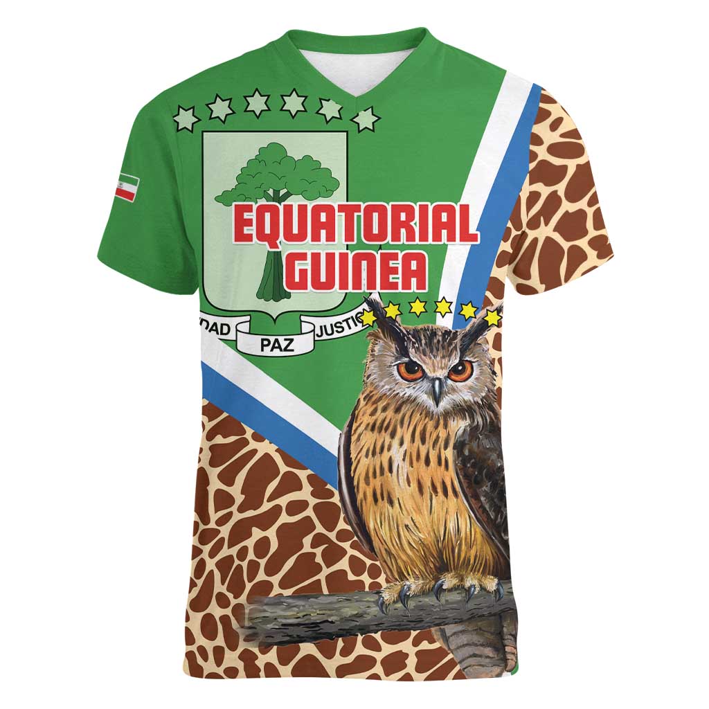 Personalised Equatorial Guinea Women V-Neck T-Shirt Bubo Poensis Mix Giraffe Pattern