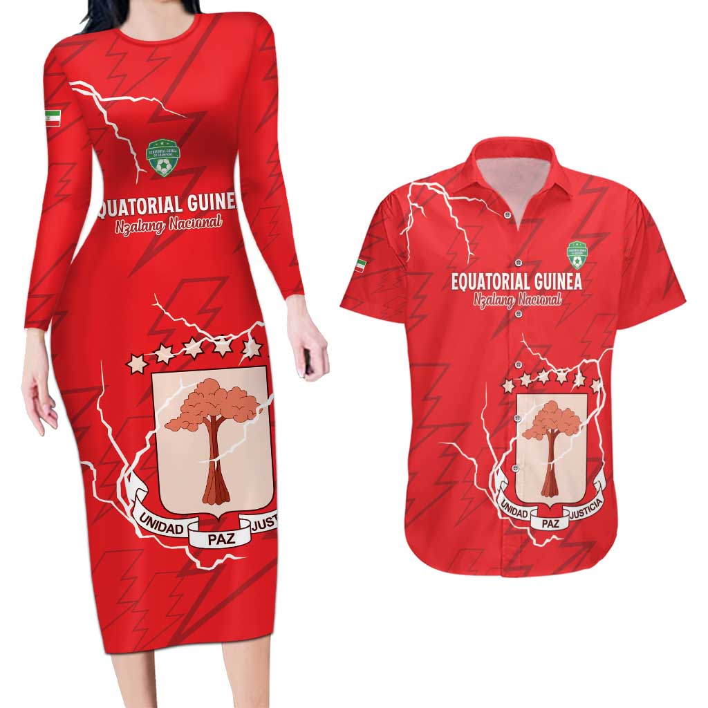 Custom Equatorial Guinea Football Couples Matching Long Sleeve Bodycon Dress and Hawaiian Shirt Allez Nzalang Nacional - Red Version