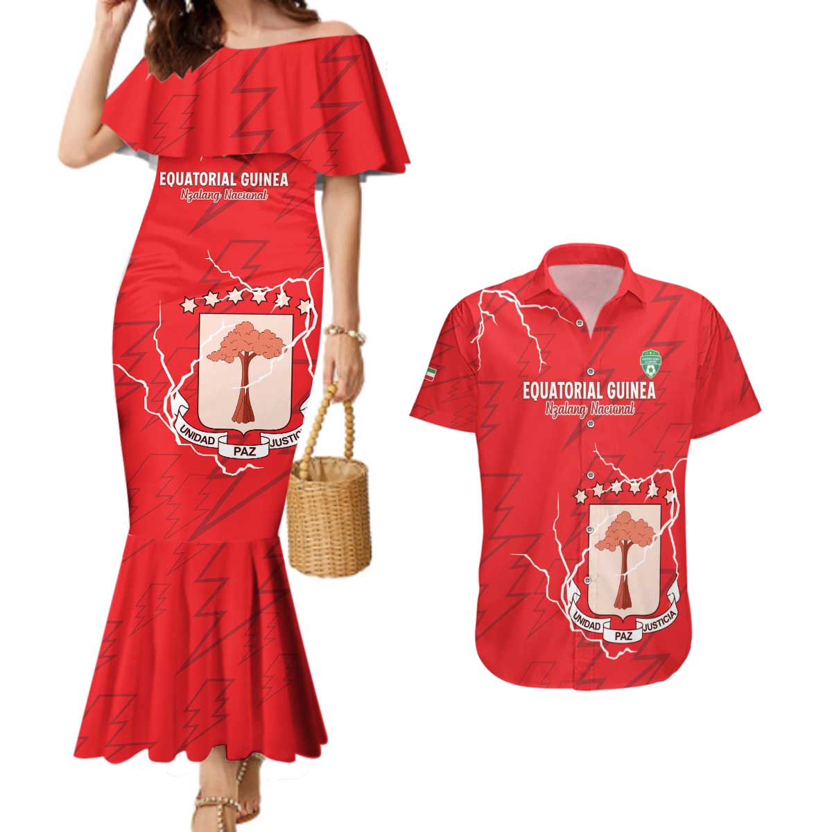 Custom Equatorial Guinea Football Couples Matching Mermaid Dress and Hawaiian Shirt Allez Nzalang Nacional - Red Version