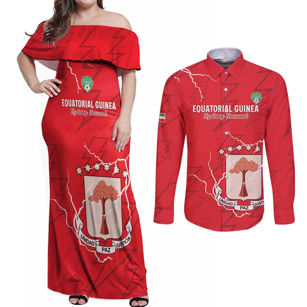 Custom Equatorial Guinea Football Couples Matching Off Shoulder Maxi Dress and Long Sleeve Button Shirt Allez Nzalang Nacional - Red Version