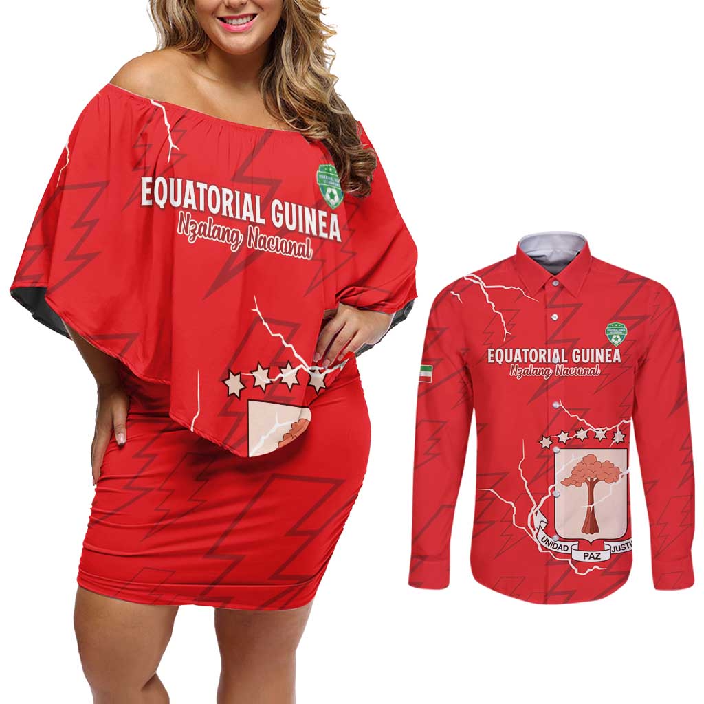 Custom Equatorial Guinea Football Couples Matching Off Shoulder Short Dress and Long Sleeve Button Shirt Allez Nzalang Nacional - Red Version