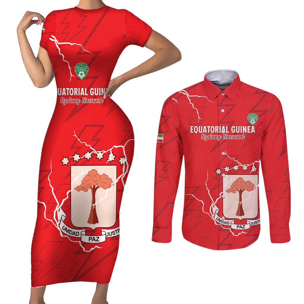 Custom Equatorial Guinea Football Couples Matching Short Sleeve Bodycon Dress and Long Sleeve Button Shirt Allez Nzalang Nacional - Red Version