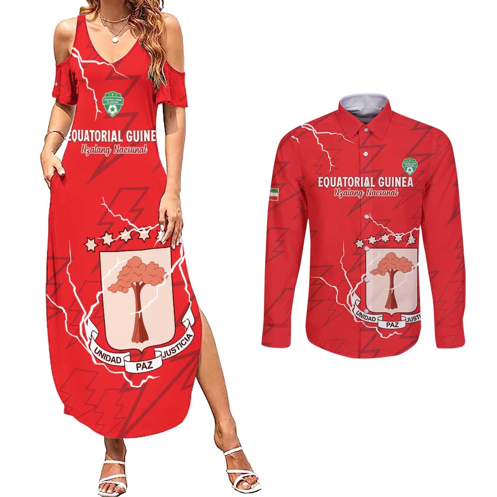 Custom Equatorial Guinea Football Couples Matching Summer Maxi Dress and Long Sleeve Button Shirt Allez Nzalang Nacional - Red Version