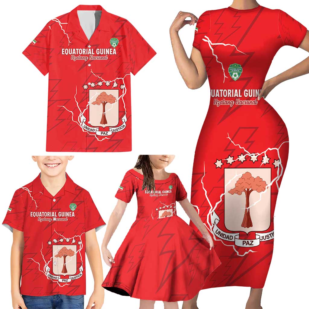 Custom Equatorial Guinea Football Family Matching Short Sleeve Bodycon Dress and Hawaiian Shirt Allez Nzalang Nacional - Red Version