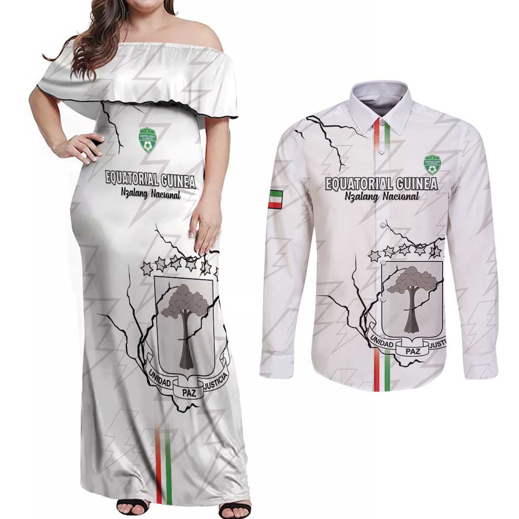 Custom Equatorial Guinea Football Couples Matching Off Shoulder Maxi Dress and Long Sleeve Button Shirt Allez Nzalang Nacional - White Version