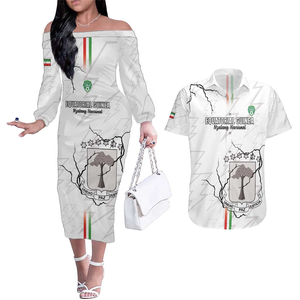 Custom Equatorial Guinea Football Couples Matching Off The Shoulder Long Sleeve Dress and Hawaiian Shirt Allez Nzalang Nacional - White Version