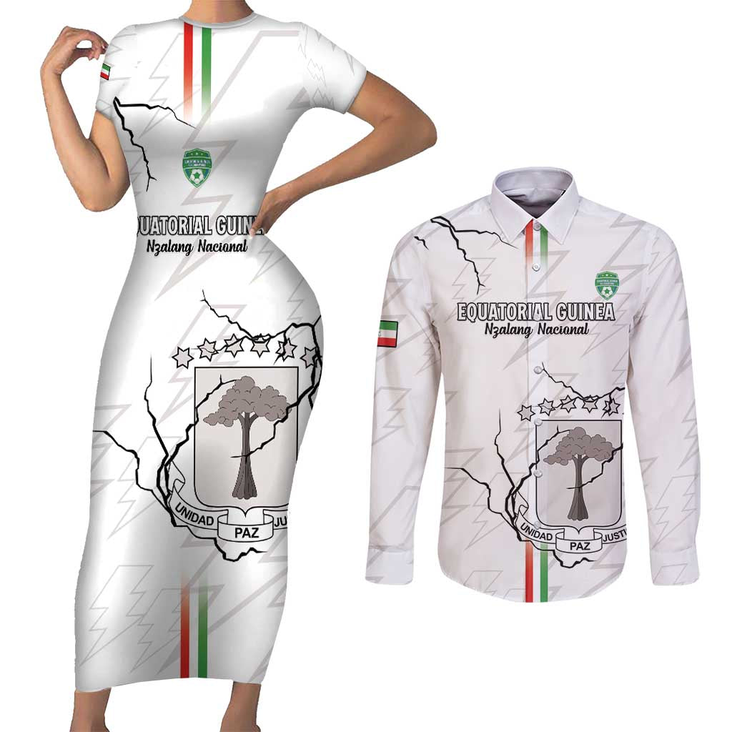 Custom Equatorial Guinea Football Couples Matching Short Sleeve Bodycon Dress and Long Sleeve Button Shirt Allez Nzalang Nacional - White Version