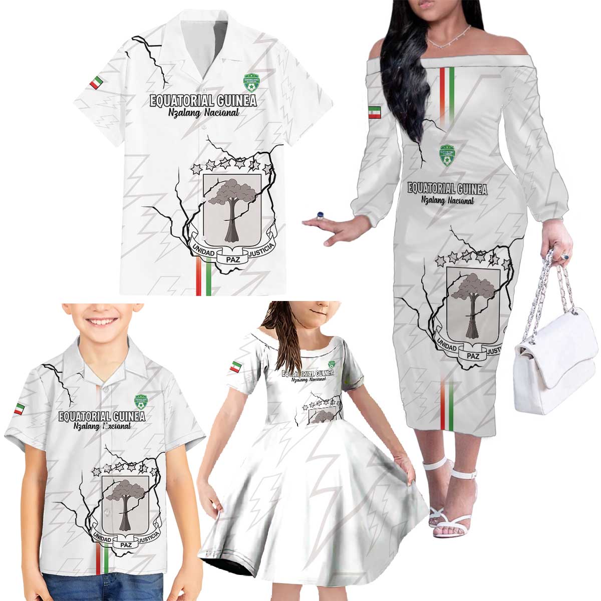 Custom Equatorial Guinea Football Family Matching Off The Shoulder Long Sleeve Dress and Hawaiian Shirt Allez Nzalang Nacional - White Version