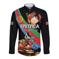 Black long-sleeve button shirt with Eritrea Martyrs Day graphic and candles