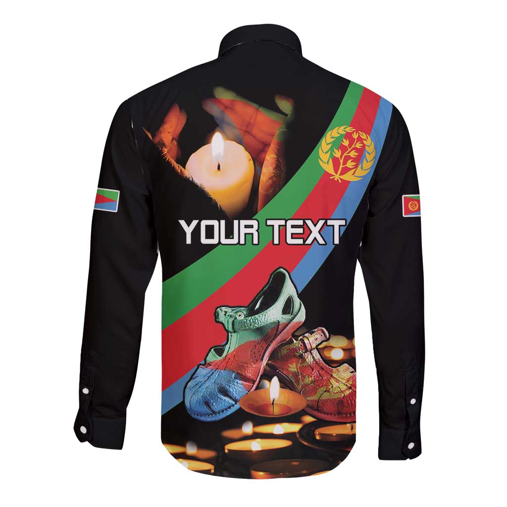 Black long-sleeve button shirt, back view with YOUR TEXT, candles, and Eritrea flag