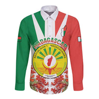 Men's long sleeve button shirt with green, red, white stripes and large crest print
