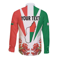 Long sleeve button shirt back with 'YOUR TEXT' over Madagascar map and striped print
