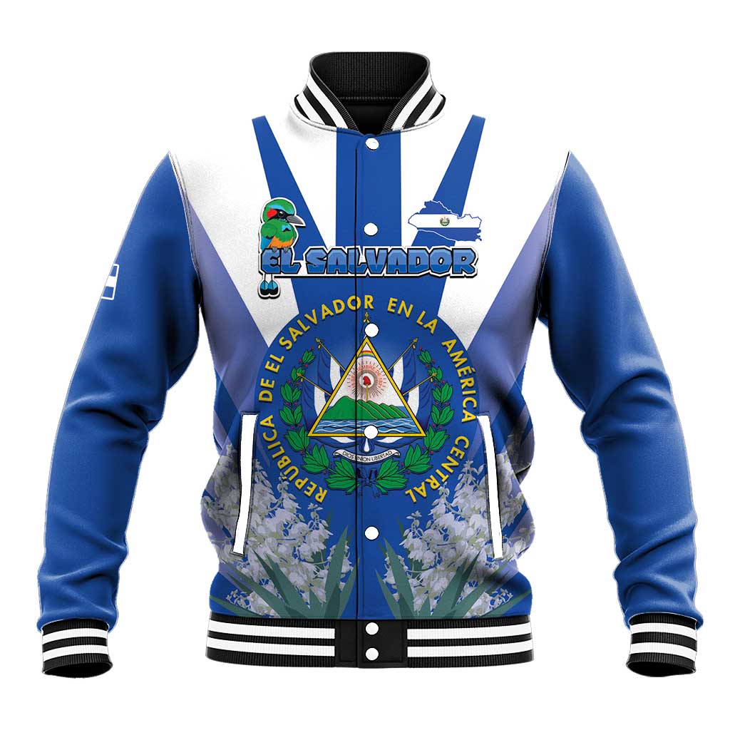 Blue baseball varsity jacket with striped ribbed collar, cuffs, and Salvador coat-of-arms front