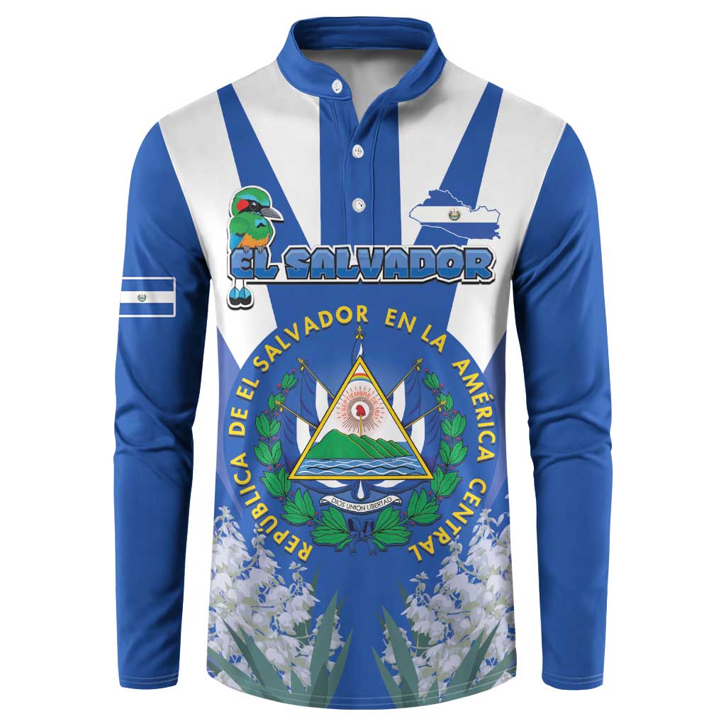 Blue button henley sweatshirt with Salvador crest graphic and vertical white stripes