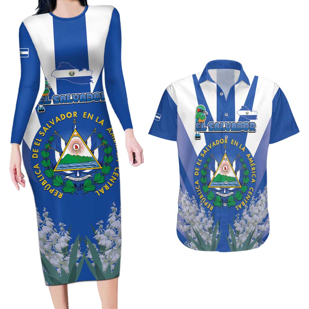 El Salvador Couples Matching Long Sleeve Bodycon Dress and Hawaiian Shirt Turquoise-Browed Motmot With Coat Of Arms - Wonder Print Shop