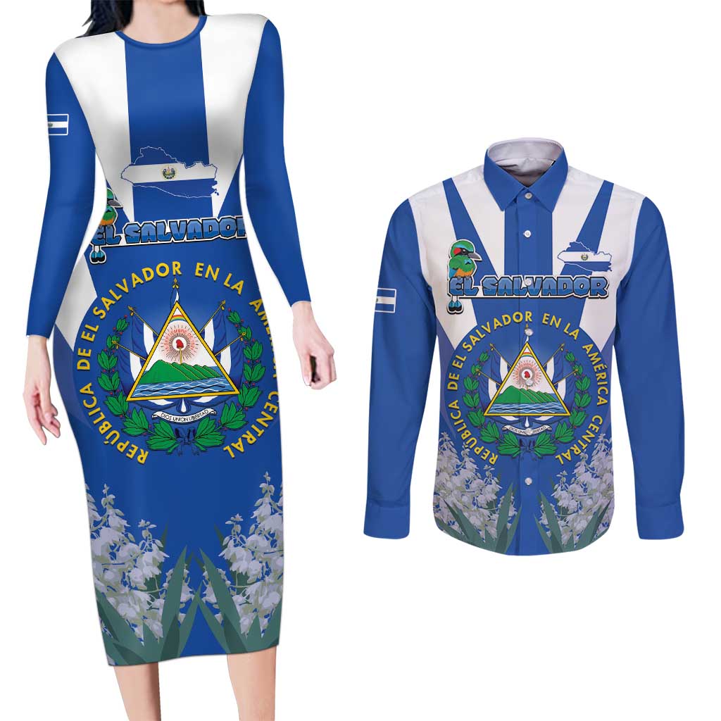 El Salvador Couples Matching Long Sleeve Bodycon Dress and Long Sleeve Button Shirt Turquoise-Browed Motmot With Coat Of Arms - Wonder Print Shop