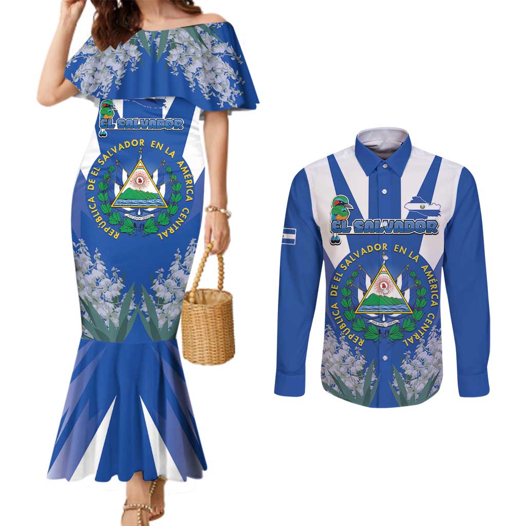 El Salvador Couples Matching Mermaid Dress and Long Sleeve Button Shirt Turquoise-Browed Motmot With Coat Of Arms