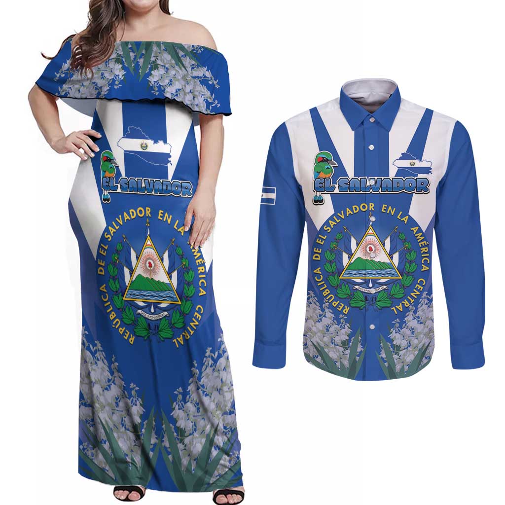 El Salvador Couples Matching Off Shoulder Maxi Dress and Long Sleeve Button Shirt Turquoise-Browed Motmot With Coat Of Arms - Wonder Print Shop