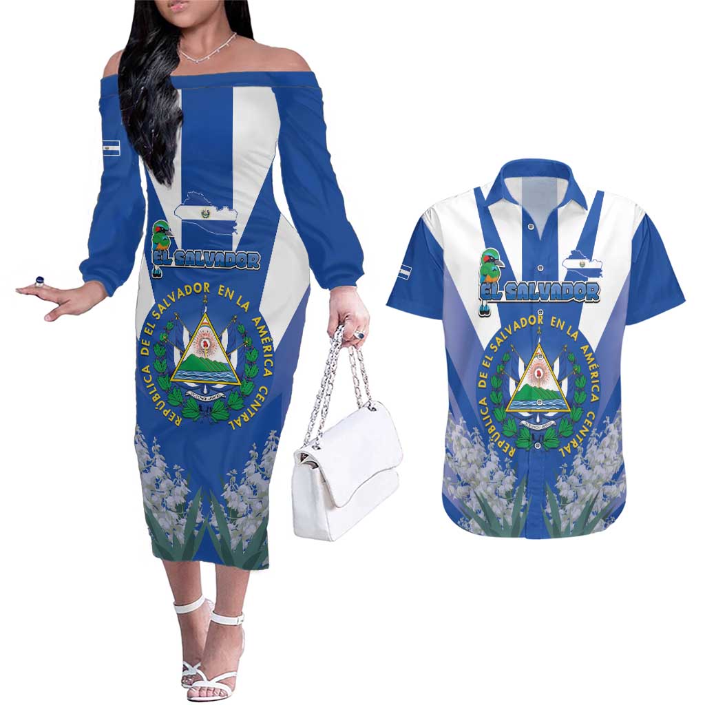 El Salvador Couples Matching Off The Shoulder Long Sleeve Dress and Hawaiian Shirt Turquoise-Browed Motmot With Coat Of Arms - Wonder Print Shop