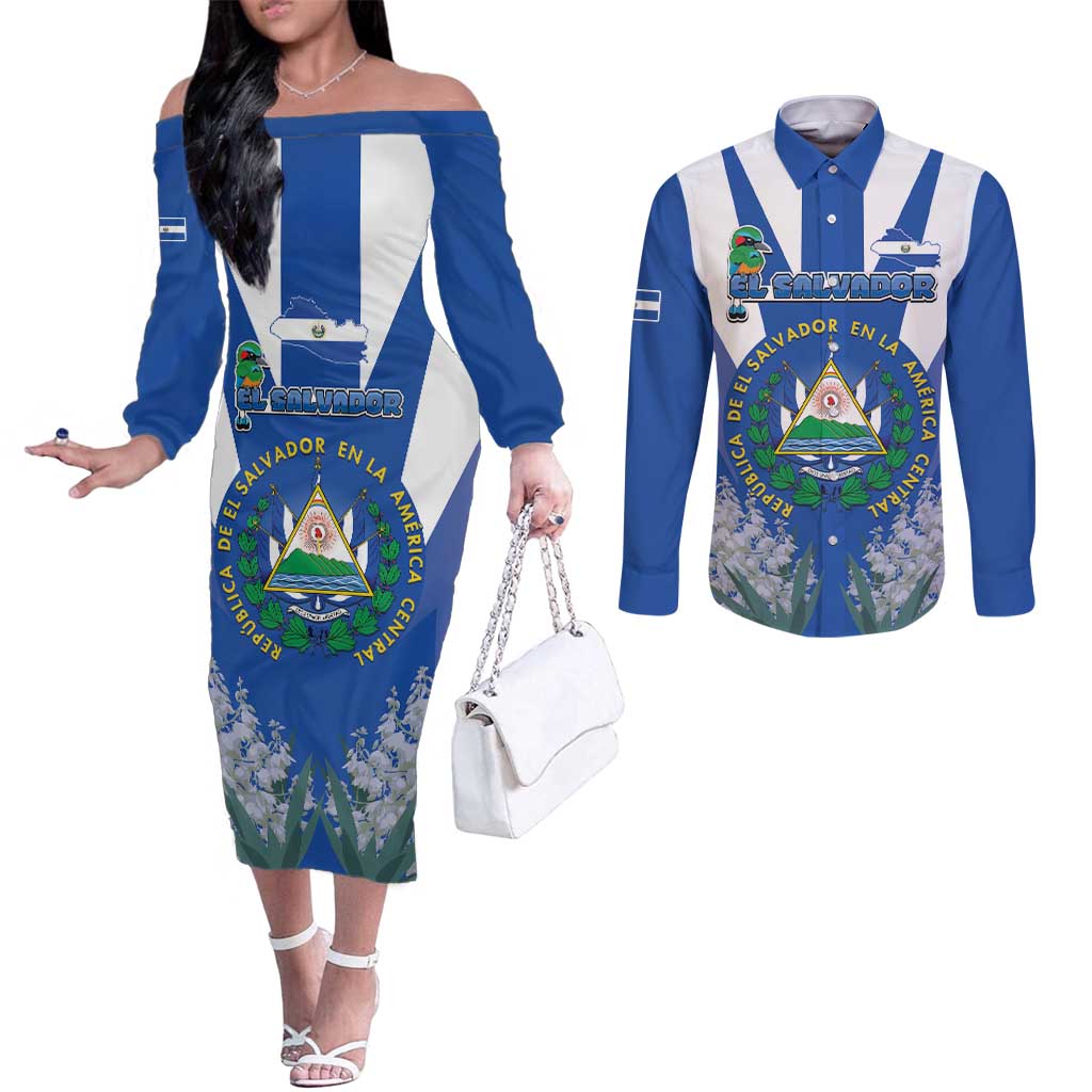 El Salvador Couples Matching Off The Shoulder Long Sleeve Dress and Long Sleeve Button Shirt Turquoise-Browed Motmot With Coat Of Arms