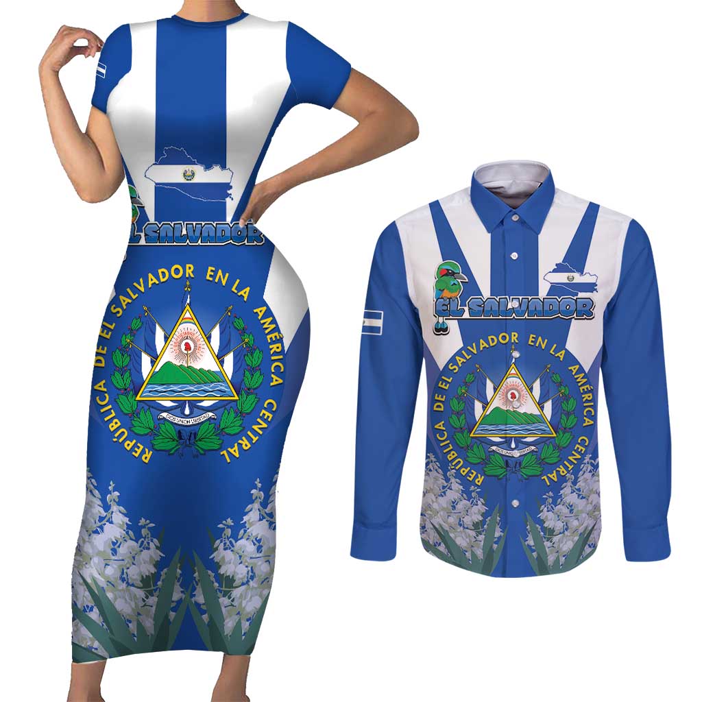 El Salvador Couples Matching Short Sleeve Bodycon Dress and Long Sleeve Button Shirt Turquoise-Browed Motmot With Coat Of Arms - Wonder Print Shop