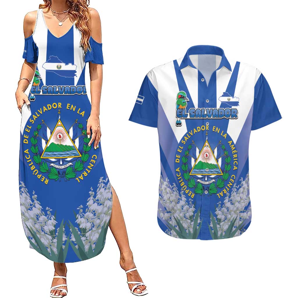 El Salvador Couples Matching Summer Maxi Dress and Hawaiian Shirt Turquoise-Browed Motmot With Coat Of Arms - Wonder Print Shop