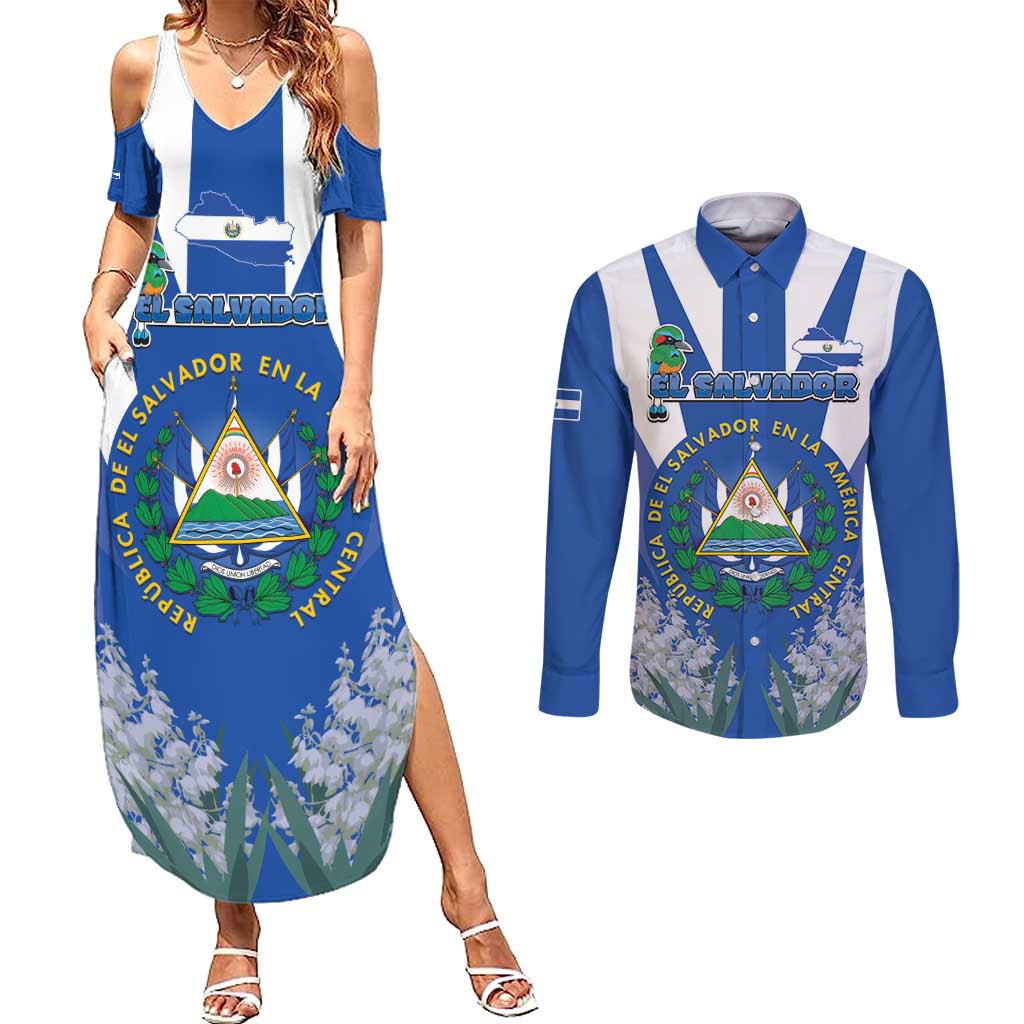 El Salvador Couples Matching Summer Maxi Dress and Long Sleeve Button Shirt Turquoise-Browed Motmot With Coat Of Arms - Wonder Print Shop