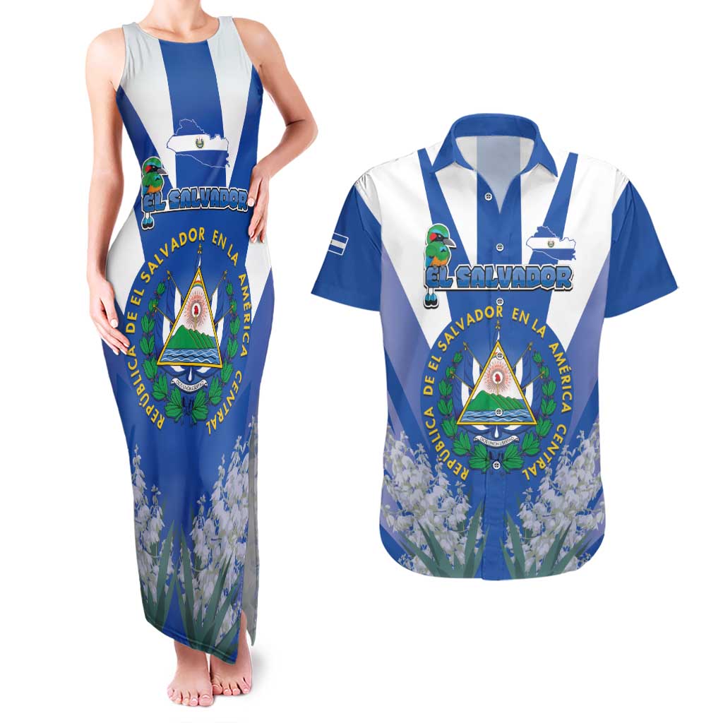 El Salvador Couples Matching Tank Maxi Dress and Hawaiian Shirt Turquoise-Browed Motmot With Coat Of Arms - Wonder Print Shop