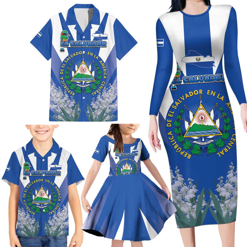 El Salvador Family Matching Long Sleeve Bodycon Dress and Hawaiian Shirt Turquoise-Browed Motmot With Coat Of Arms - Wonder Print Shop