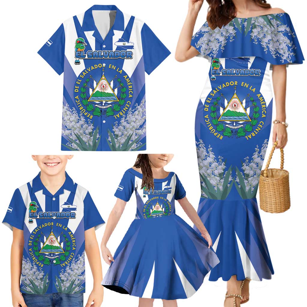 El Salvador Family Matching Mermaid Dress and Hawaiian Shirt Turquoise-Browed Motmot With Coat Of Arms - Wonder Print Shop