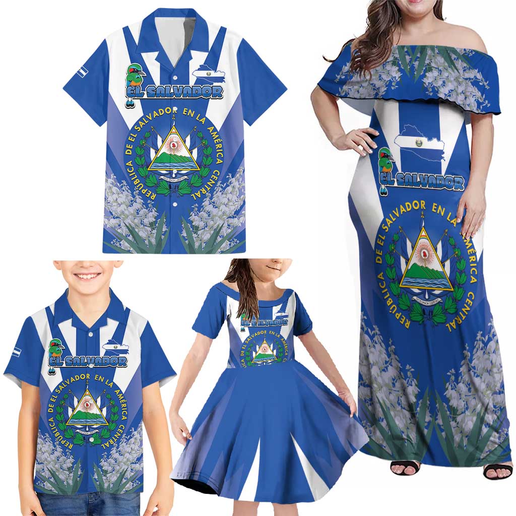 El Salvador Family Matching Off Shoulder Maxi Dress and Hawaiian Shirt Turquoise-Browed Motmot With Coat Of Arms - Wonder Print Shop