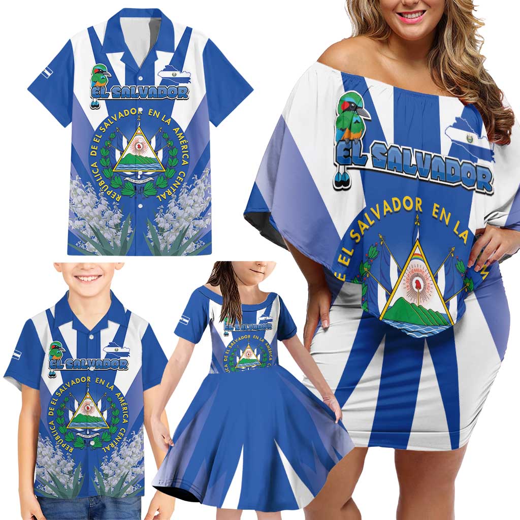 El Salvador Family Matching Off Shoulder Short Dress and Hawaiian Shirt Turquoise-Browed Motmot With Coat Of Arms - Wonder Print Shop