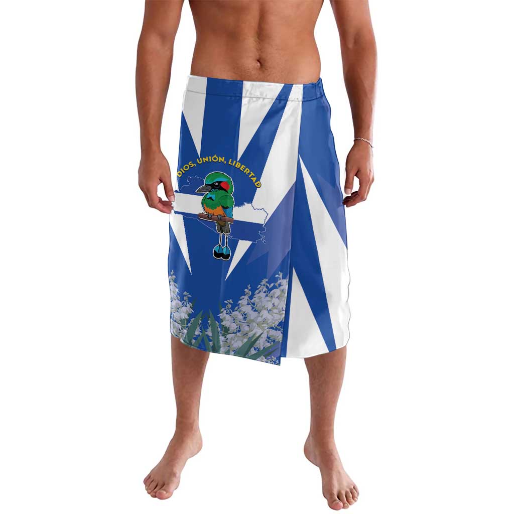 Men's blue printed sarong-style shorts with coat of arms bird graphic