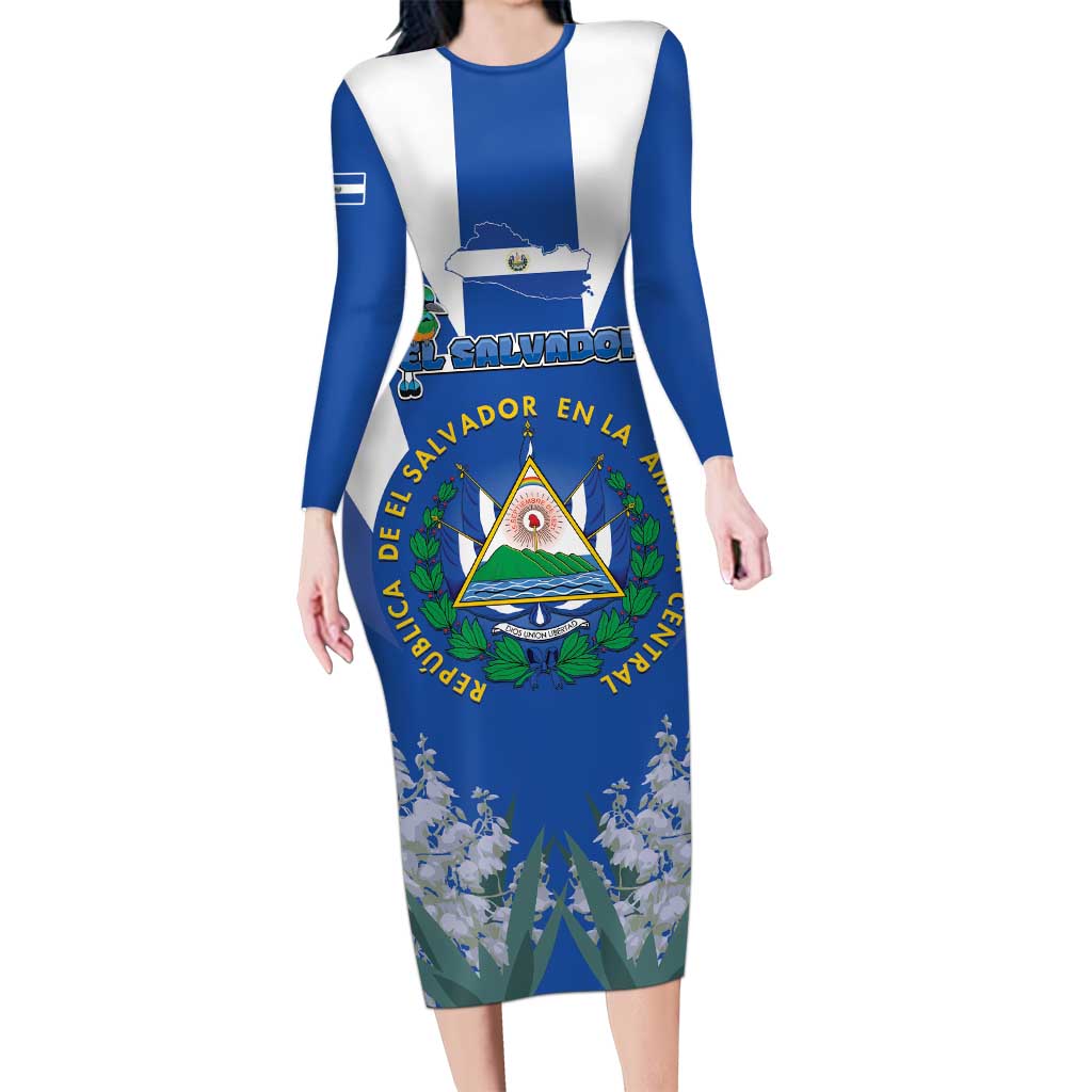 El Salvador Long Sleeve Bodycon Dress Turquoise-Browed Motmot With Coat Of Arms - Wonder Print Shop