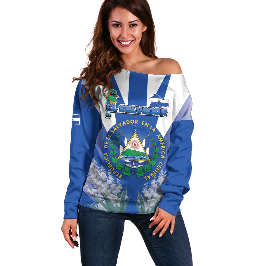 El Salvador Off Shoulder Sweater Turquoise-Browed Motmot With Coat Of Arms - Wonder Print Shop