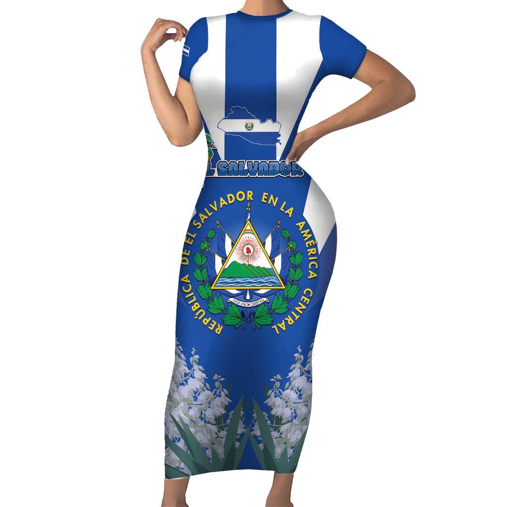 El Salvador Short Sleeve Bodycon Dress Turquoise-Browed Motmot With Coat Of Arms - Wonder Print Shop