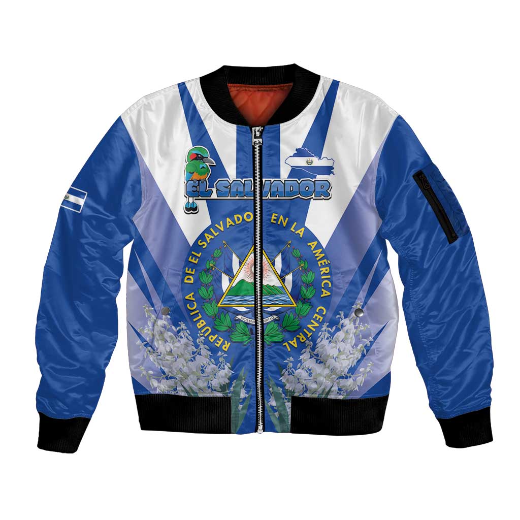 El Salvador Sleeve Zip Bomber Jacket Turquoise-Browed Motmot With Coat Of Arms - Wonder Print Shop