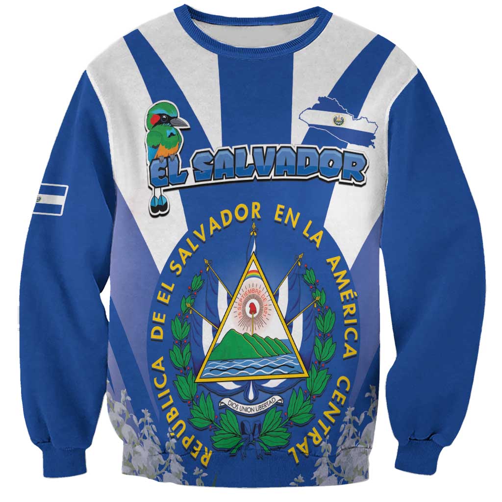 Blue and white striped unisex sweatshirt with large country crest and bird graphic