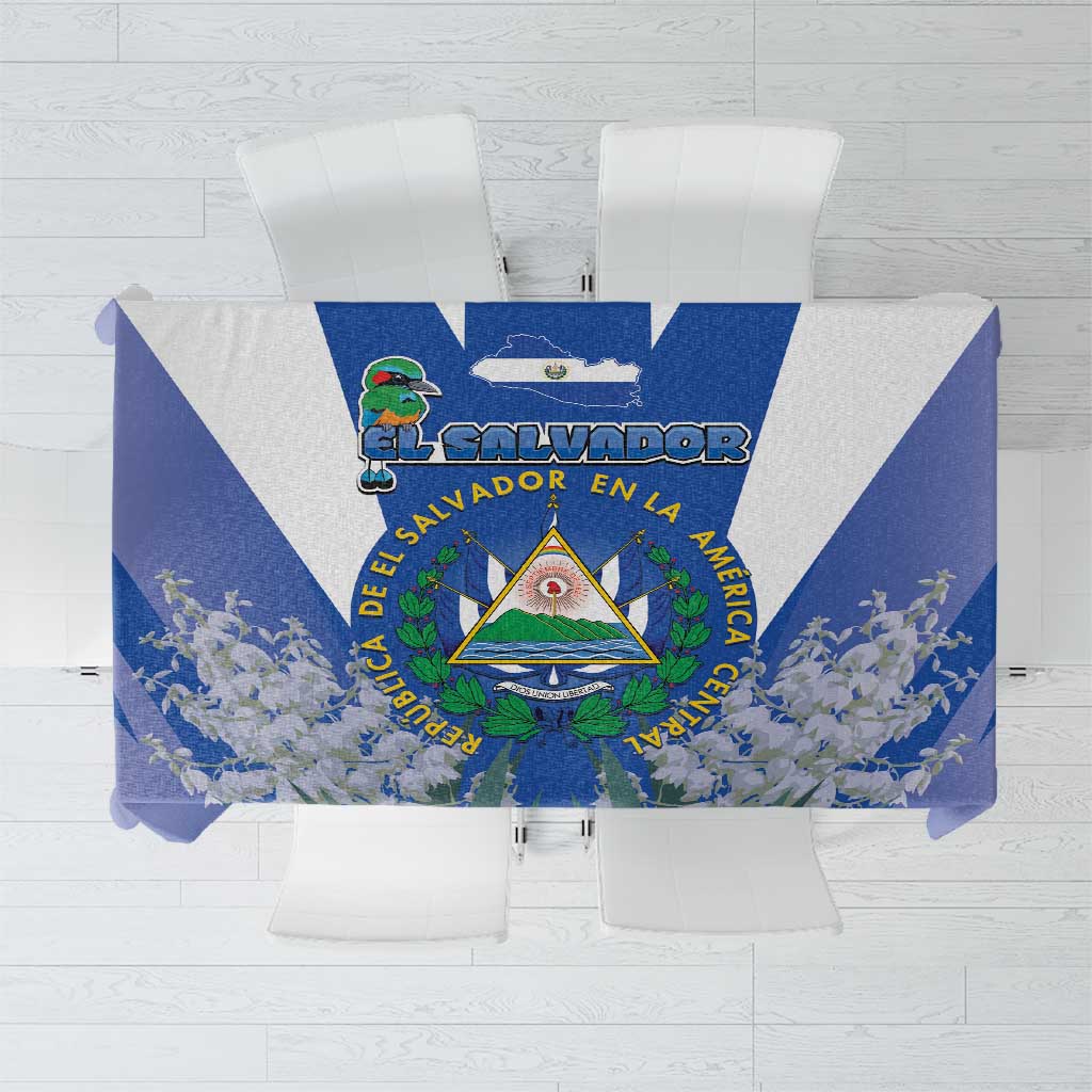 Blue tablecloth with El Salvador coat of arms and decorative border flowers