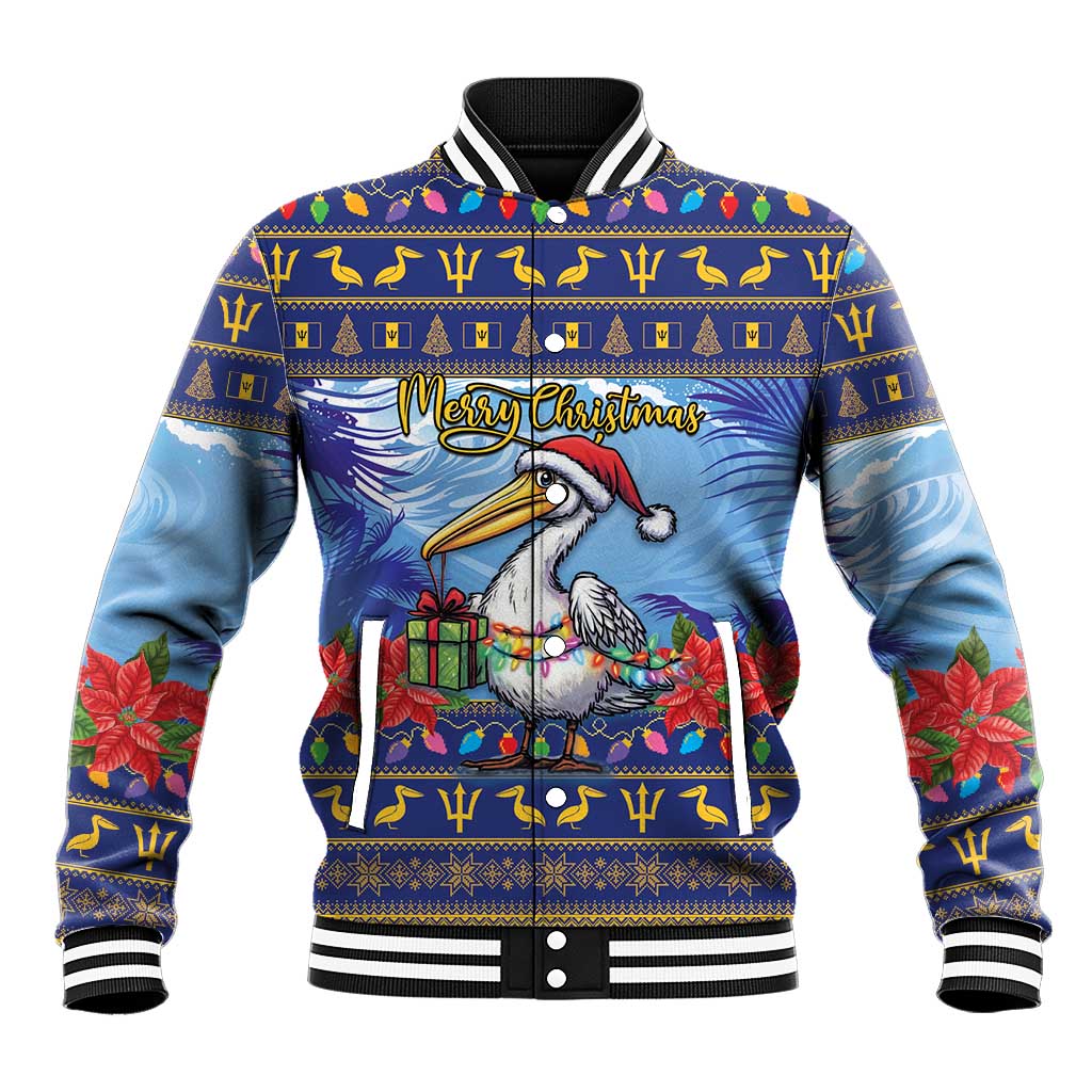 Unisex baseball jacket with pelican and Merry Christmas graphic, ribbed collar and cuffs