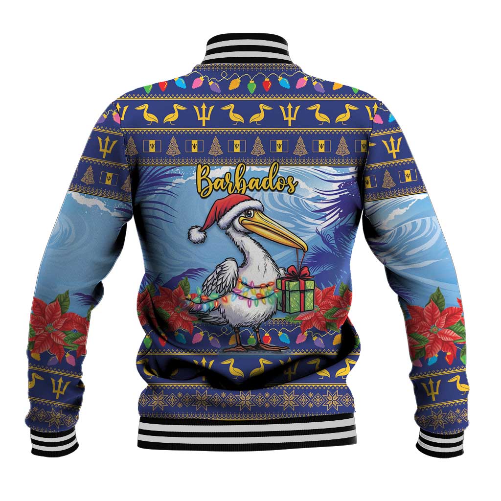 Unisex baseball jacket with Barbados text, pelican and gifts graphic, striped ribbed hem