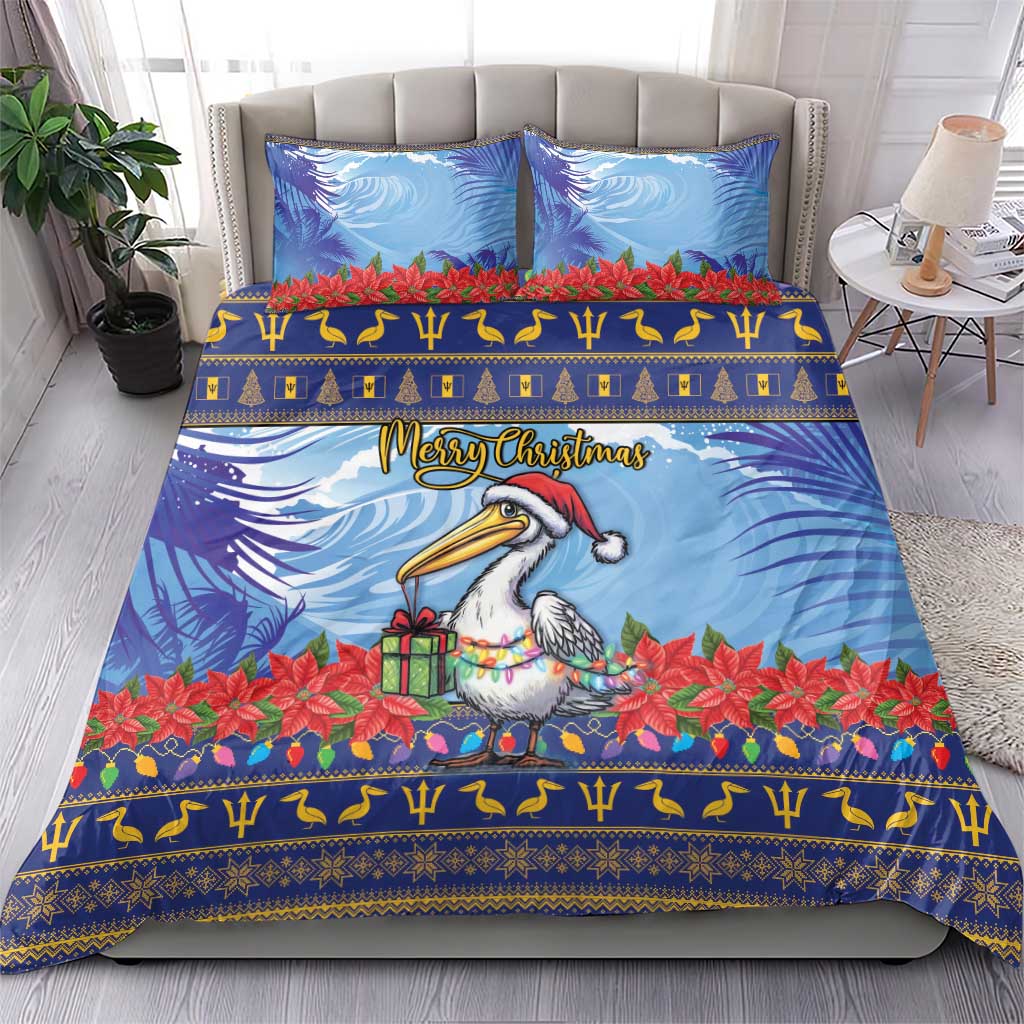 Blue Christmas bedding set with pelican, 'Merry Christmas' wording, red poinsettias
