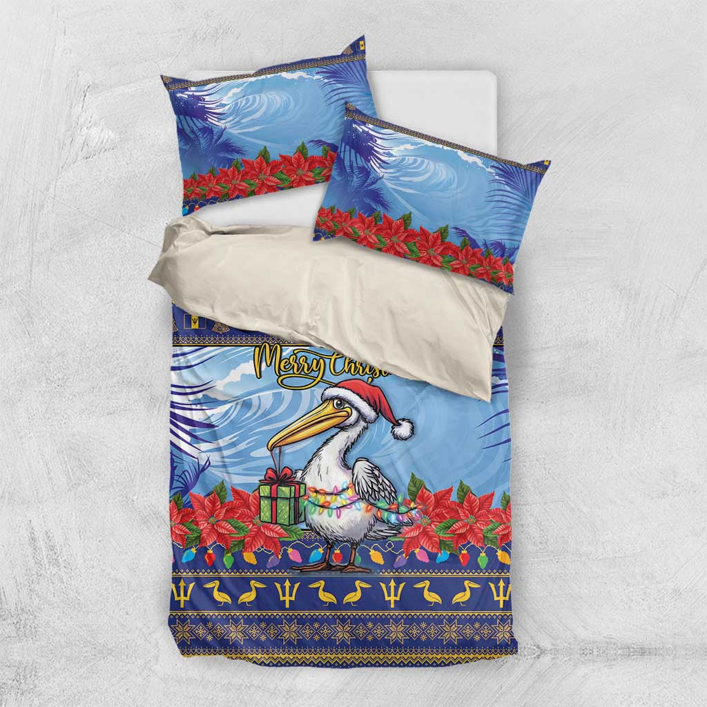 Blue Christmas duvet set with pelican and poinsettia print plus matching pillowcases